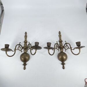 Vintage Brass Wall Sconces Candle Holders Pair 13” Aged Patina